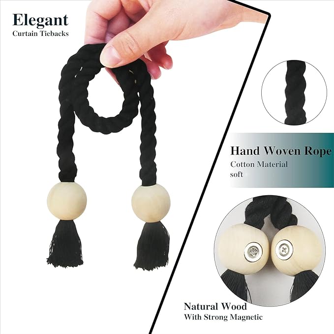 6 Pack Magnetic Curtain Tiebacks Cotton Hand Woven Tie Back Decorative Rope Holdbacks for Curtains Draperies No Tools Required, Black