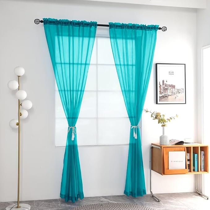 youleyar Solid Sheer Rod Pocket Curtain Voile Draperies 2 Panels White Beige Black Grey Coffee 52 Inch Width 72 Inch Long 1 Pair for Kitchen Bedroom Children Living Room Yard (Peacock Blue,52Wｘ72L)