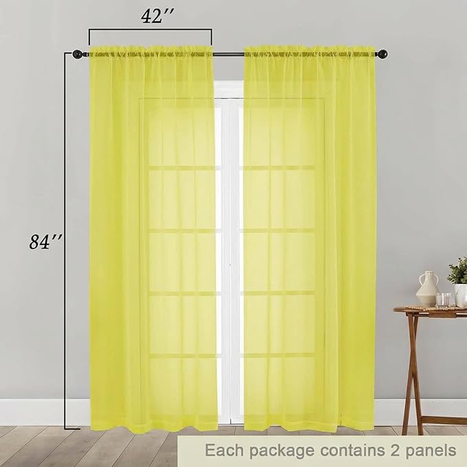 Sheer Curtains 84 Inches Long 2 Panels Set for Bedroom Living Room, Soft Airy Light Filtering Modern Solid Rod Pocket Drapes Window Treatments, Lemon, Each 42" W x 84" L