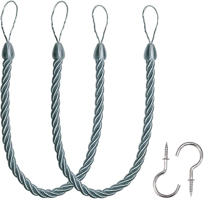 BEL AVENIR Curtain Rope Tiebacks, Drapery Rope Holdbacks with 2 Metal Screw Hooks, 1 Pair - Light Blue