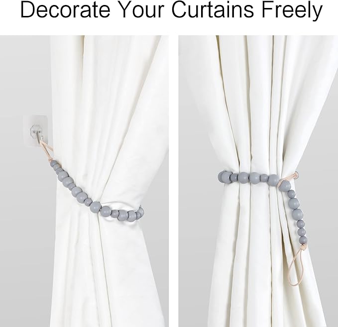 OCIOLI 2 Pack Wood Bead Curtain Tieback Boho Curtain Tiebacks Curtain Holdbacks for Wall Curtain Ties Curtain Tie Backs with Hooks for Boho Decor Bedroom Decor Nursery Decor (Grey, 2)