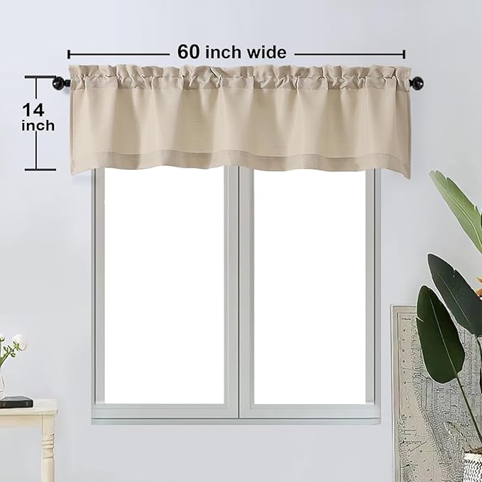 OWENIE Bob 1 PCS Linen Valances for Windows, Faux Linen Textured Kitchen Window Curtains Valance for Bedroom Living Room, Modern Soft Airy Solid Rod Pocket Bathroom Cafe Curtain, 60Wx14L Inch