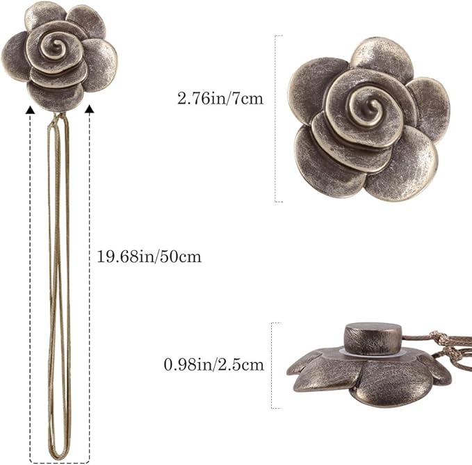 Lewondr Magnetic Curtain Tiebacks, Vintage Curtain Holdbacks, Resin Flower Curtain Ties with Rope Drapery Retro Window Curtain Decorative Buckle Holder for Outdoor, Home, and Cafe Balcony - Bronze