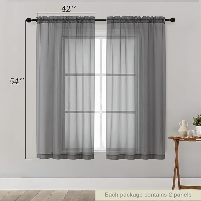 Sheer Grey Curtains for Bedroom Living Room 54 Inch Length 2 Panels Set, Solid Soft Airy Light Filtering Window Treatments, Modern Rod Pocket Drapes, Grey, 42" Wx54 L Inches