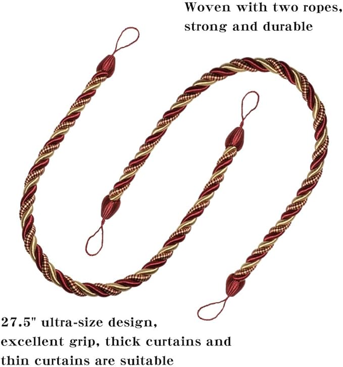 BEL AVENIR Curtain Ropes Tiebacks Tie-Backs, Curtain Handmade Holdbacks with 2 Metal Screw Hooks (Mix red, 2pack)