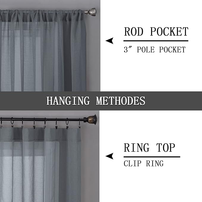 Tollpiz Short Sheer Curtains Linen Textured Living Room Curtain Sheers Light Filtering Rod Pocket Voile Curtains for Bedroom, 42 x 45 inches Long, Dark Grey, Set of 2 Panels