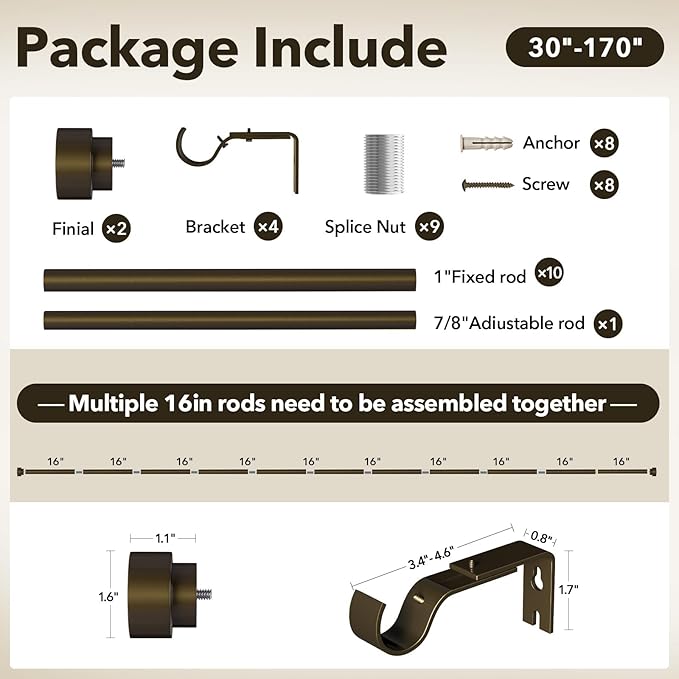 Extra Long Curtain Rods for Windows 32 to 170 Inch, 1 Inch Bronze Heavy Duty Curtain Rods for Patio, Farmhouse, Bedroom, Living Room, Adjustable Metal Drapery Rod (A1,Bronze,32"-170")