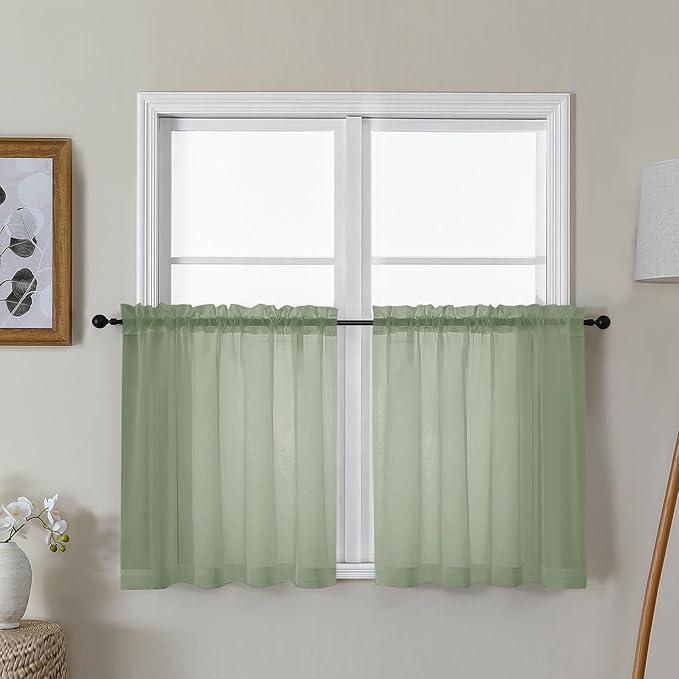 Gwine Sage Green Sheer Curtain Tiers 24 Inch Length, Light Filtering Voile Short Curtain for Living Room Bedroom, Rod Pocket Cafe Curtains for Small Windows 42x24 Inch, 2PCS