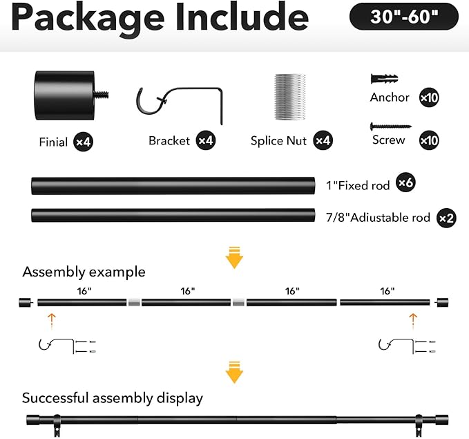 IFELS 2 Pack Heavy Duty Curtain Rods for Windows 28 to 48 Inch, 1 Inch Black Curtain Rods Set of 2 Pack for Outdoor, Farmhouse, Bedroom, Adjustable Easy Install Drapery Rod (A2,Black,30"-60"-2Pack)