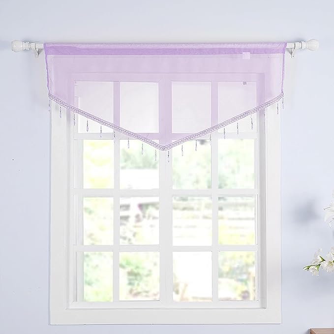 Molaxhome Swag Curtain 51 inch Length Rod Pocket Scalloped Curtain Valance Sheer Lace Panels with Hanging Crystal Beads for Kitchen Bedroom Window Treatments Drape Decor 1pc (Purple, 51Wx23L)