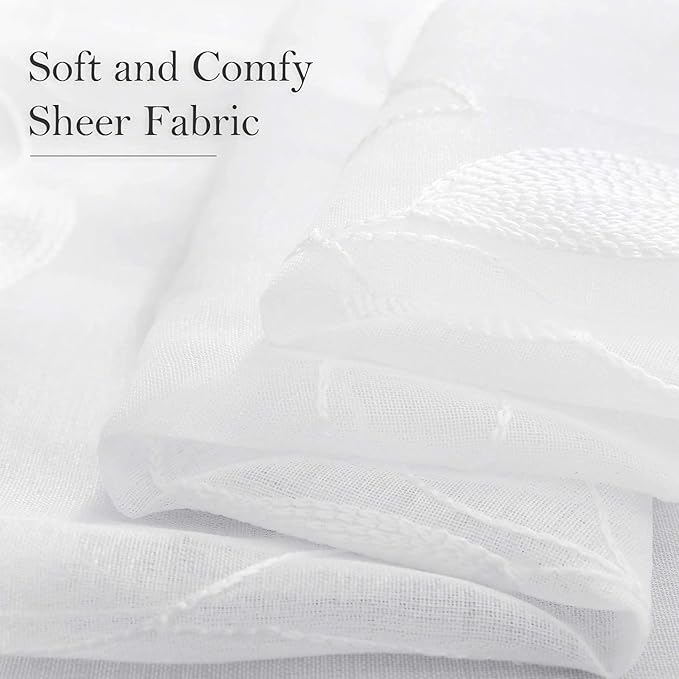 HOMEIDEAS White Sheer Curtains 52 X 63 Inches Length 2 Panels Embroidered Leaf Pattern Pocket Faux Linen Floral Semi Sheer Voile Window Curtains/Drapes for Bedroom Living Room