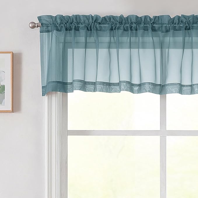 Dusty Blue Valances for Windows, Sheer Curtains 14 Inch Length 2 Pack Kitchen Curtain, Modern Solid Mini Small Window Curtains for Cafe Bathroom Basement, Dusty Blue, 42" Wx14 L Inch