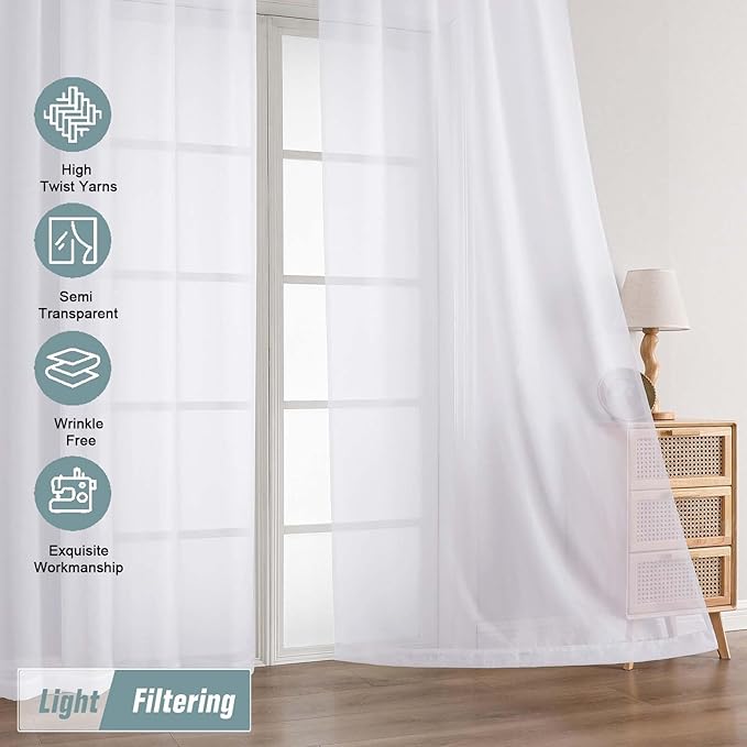 Extra Wide White Sheer Curtains for Window 96 Inches Long 2 Panels Set, Elegant Light Filtering Voile Sheer Curtains for Sliding Glass Door, Dual Rod Pocket Window Drapes, 2x59Wx96L Inches