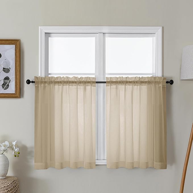 Gwine Taupe Sheer Curtains 30 Inch Length, Short Light Filtering Voile Small Cafe Kitchen Curtains with Rod Pocket, Short Curtain for Bathroom Window, 42x30 Inch, 2PCS