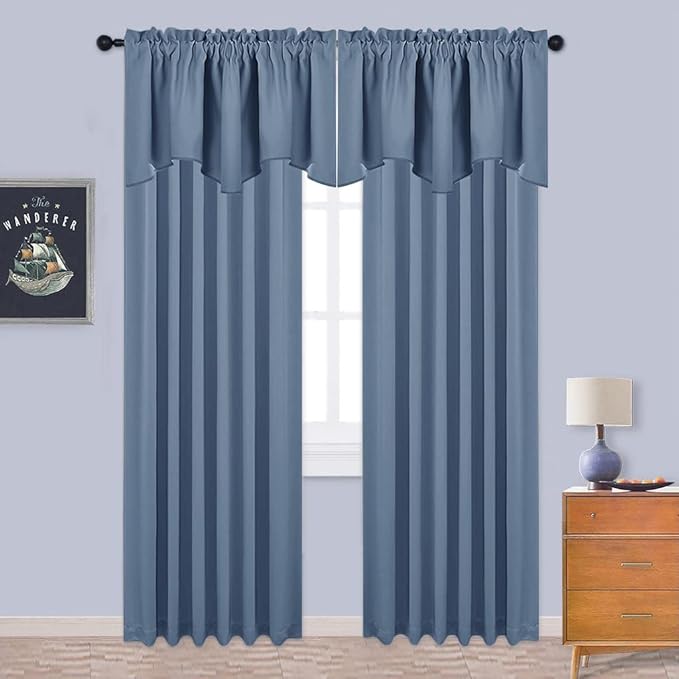 NICETOWN Blackout Curtain Valance - 42 inches by 18 inches Long Scalloped Rod Pocket Thermal Insulated Home Decoration Valance Curtain Panel for Living Room/Bedroom, Stone Blue, 2 Panels