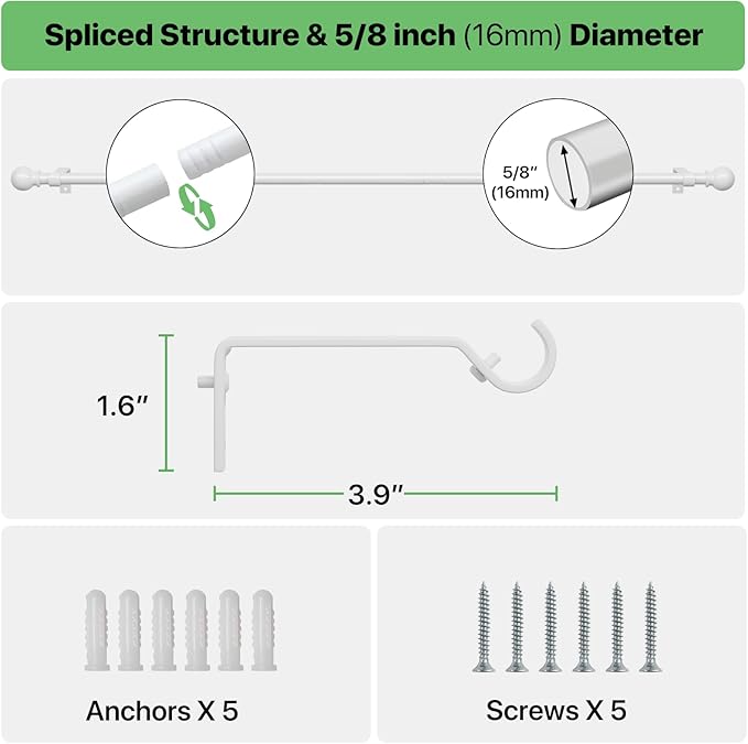 Curtain Rods for Windows 28-48 inch, 2 Pack White Curtain Rod with Brackets Easy Install, Decorative Adjustable 5/8 inch Heavy Duty Curtain Rod for Bedroom, Kitchen, Living Room, Set of 2