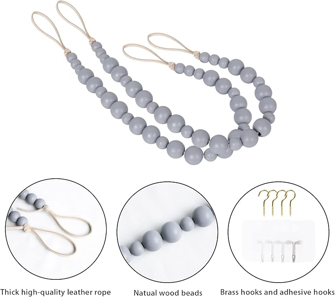 OCIOLI 2 Pack Wood Bead Curtain Tieback Boho Curtain Tiebacks Curtain Holdbacks for Wall Curtain Ties Curtain Tie Backs with Hooks for Boho Decor Bedroom Decor Nursery Decor (Grey, 2)