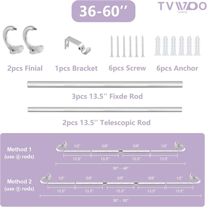 TVWOO Silver Wrap Around Curtain Rods:5/8 In Blackout Adjustable Window Curtain Rod for Bedroom Kitchen Apartment Renter Friendly,Room Darkening Curved Drapery Rods Easy Install,Antique Silver 28-60"
