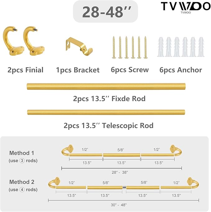 TVWOO Gold Wrap Around Curtain Rods:5/8" Small Blackout Adjustable Window Curtain Rod for Bedroom Kitchen Apartment Renter Friendly,Room Darkening Curved Drapery Rods Easy Install,Brass Golden 28-48"