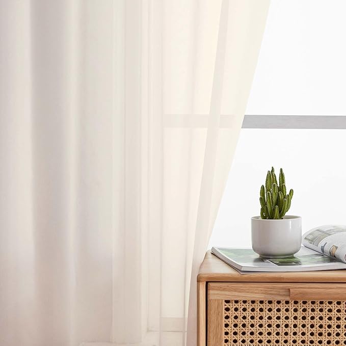 Cream Valances for Windows, Cream Sheer Curtains 14 Inch Length 2 Pack Kitchen Drapes, Modern Solid Mini Small Window Curtains for Cafe Bathroom Basement, 42" Wx14 L Inches