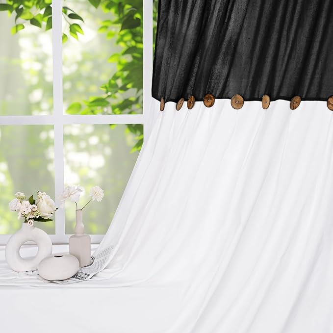 FRAMICS Farmhouse Cotton Linen Curtains for Living Room, Boho Button Curtains 84 Inch Length 2 Panels Set, Black Rustic Country Linen Window Curtains for Bedroom Rod Pocket Drapes, 52 x 84 Inch, Black