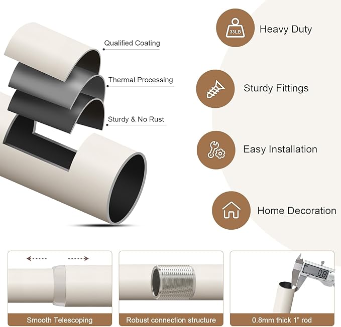 Lootkell Modern White Curtain Rods for Windows 48 to 84 Inches Adjustable Length Heavy Duty 1" Diameter Window Curtain Rod with Decorative Finials for Outdoor Farmhouse Bedroom Kitchen Living Room