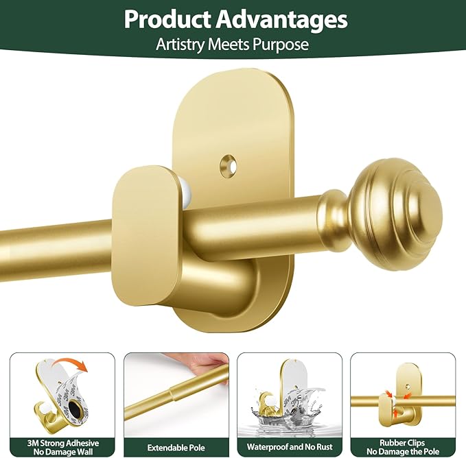 KAMANINA Curtain Rods No Drilling for Windows 16 to 30 Inches, 5/8 Inch Diameter Telescoping Drapery Pole with Adhesive Brackets, Gold