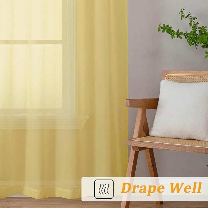 Gwine Short Kitchen Sheer Curtains 36 Inch Length - Light Filtering Voile Small Half Window Curtain for Basement, Rod Pocket Cafe Curtains for Bathroom Cabinet, 42Wx36L Inch, 2 Panels, Yellow