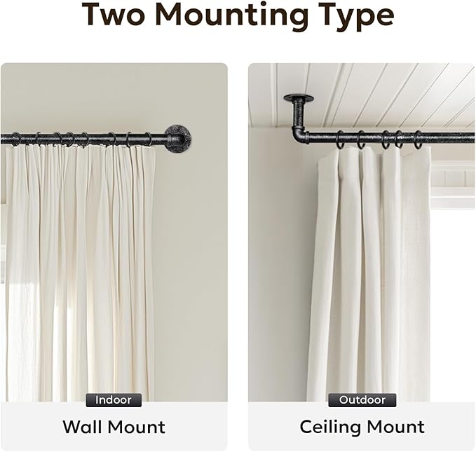 Zeerobee Curtain Rods for Windows 66 to 120, 1 Inch Industrial Wrap Around Vintage Black Curtain Rod, Indoor/Outdoor Room Divider Adjustable Drapery Pole, 66"-120"