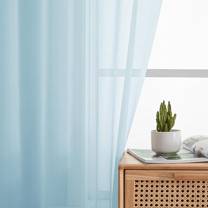 Aiyufeng 2 Pack: Basic Sky Blue Sheer Curtain Drapes 45 Inch Length 2 Panels for Living Room, Light Filtering Voile Drapes for Bedroom, Patio, Sliding Door, Each 42" W x 45" L