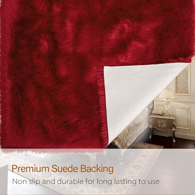 LOCHAS Soft Fluffy Faux Fur Rugs for Bedroom Bedside Rug 2x4 Feet, Washable, Furry Sheepskin Area Rug for Living Room Girls Room, Luxury Shag Carpet Home Decor, Red