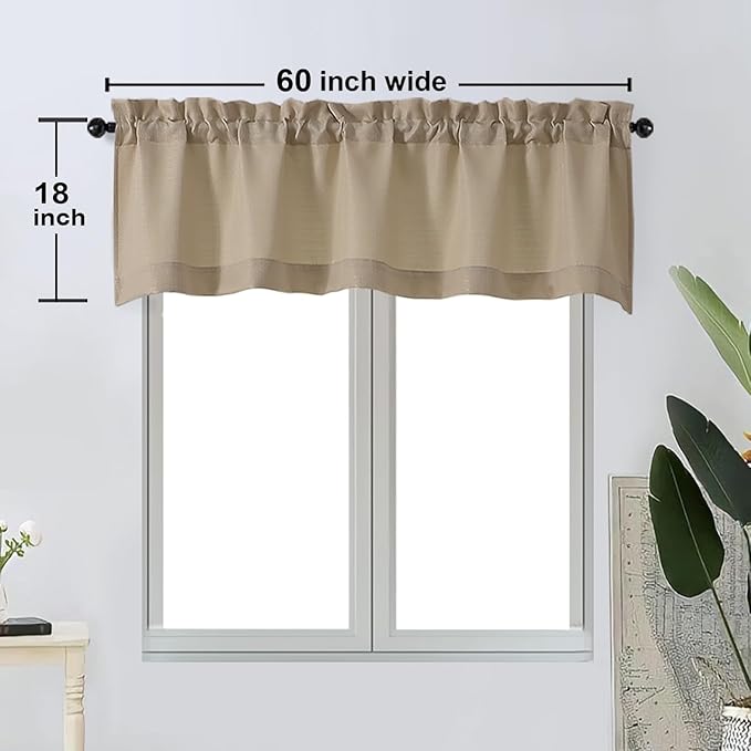 OWENIE Bob Valance Curtains 18 Inch Length 1 Piece, Faux Linen Slub Solid Camel Kitchen Valance for Bedroom Living Room, Farmhouse Soft Airy Rod Pocket Small Window Curtain, Each 60Wx18L Inch