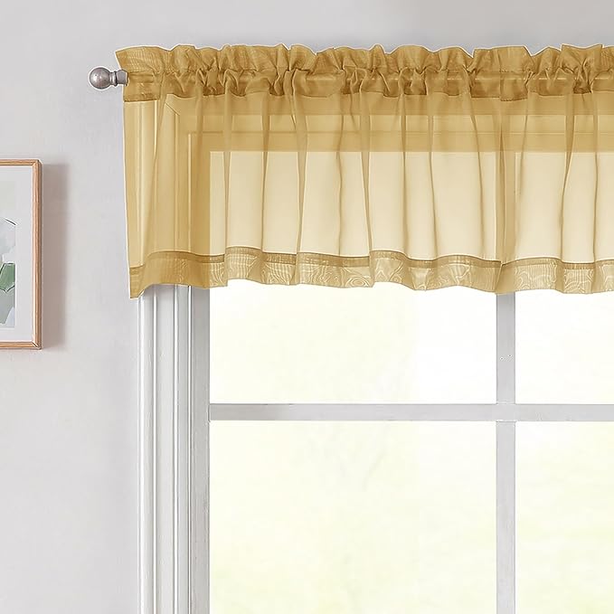 Gold Valances for Windows, Gold Sheer Curtains 14 Inch Length 2 Pack Kitchen Drapes, Modern Solid Mini Small Window Curtains for Cafe Bathroom Basement, Each 42" Wx14 L Inches