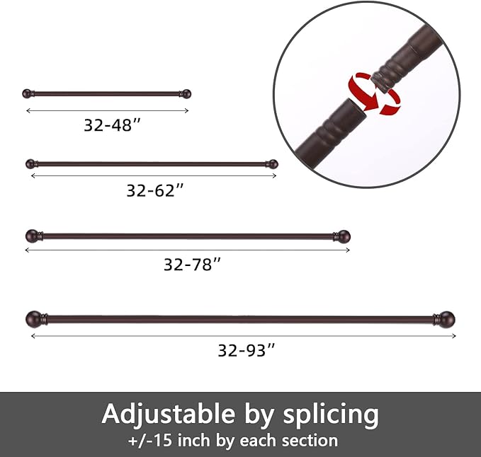 GXOACKJ Curtain Rods for windows 48 to 84-93 inch, 5/8 inch Decorative Brown Splicing Heavy Duty Metal Curtain Rod set with Brackets