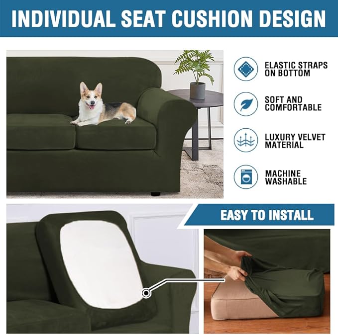 H.VERSAILTEX Modern Velvet Plush 4 Piece High Stretch Sofa Slipcover Furniture Protector Form Fit Velvet Extra Large Sofa Cover for 3 Cushion Couch Width Up to 105 Inch (XL Sofa, Olive)