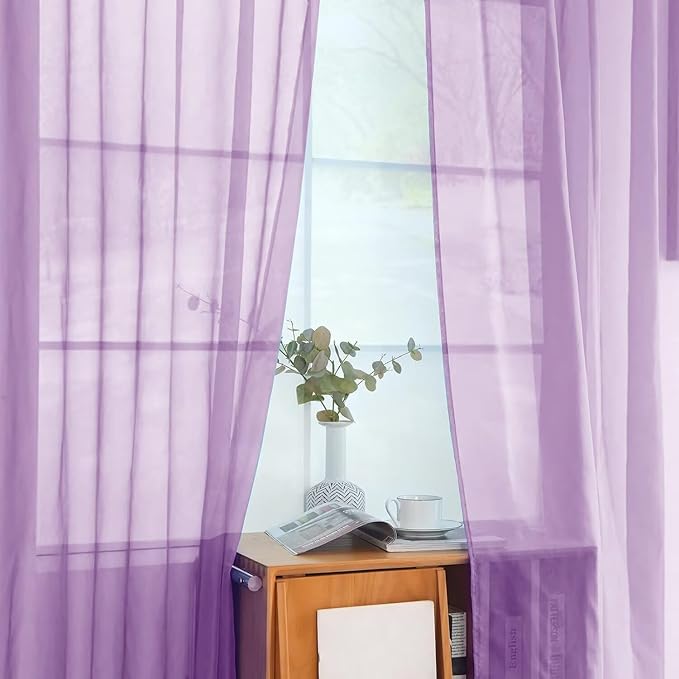youleyar Solid Sheer Rod Pocket Curtain Voile Draperies 2 Panels White Beige Black Ivory Coffee 26 Inch Width 30 Inch Long 1 Pair for Kitchen Bedroom Children Living Room Yard(Lavender,26W x 30L)
