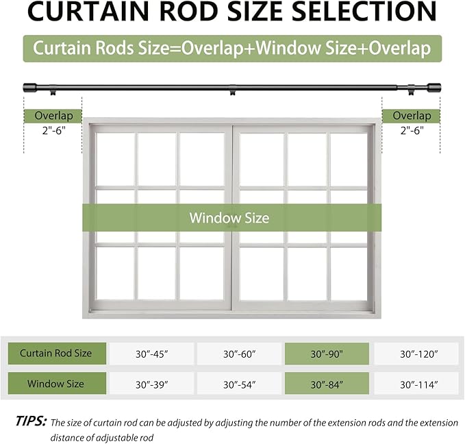 5/8” Diameter Curtain Rods 30-90 Inch, for 30-84 Inch Windows, Adjustable Splicing Black Curtain Rods for Windows with Brackets, Window Rod Long Small Curtains Rod