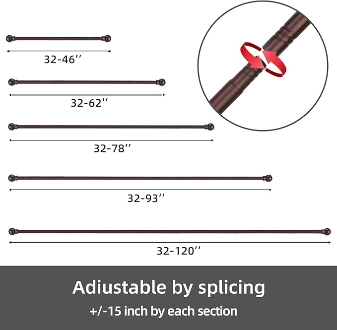 GXOACKJ 2 Pack Brown Curtain Rods for windows 32 to 62 inch, 5/8 inch Splicing Heavy Duty Metal Curtain Rod Set with Brackets