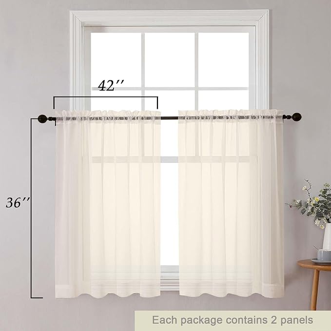 Cafe Curtains 36 Inch Length Tier 2 Pieces, Modern Soft Airy Sheer Kitchen Short Curtains for Small Window, Rod Pocket Small Curtain for Bathroom Basement, Cream, Each, 42" Wx36 L Inches