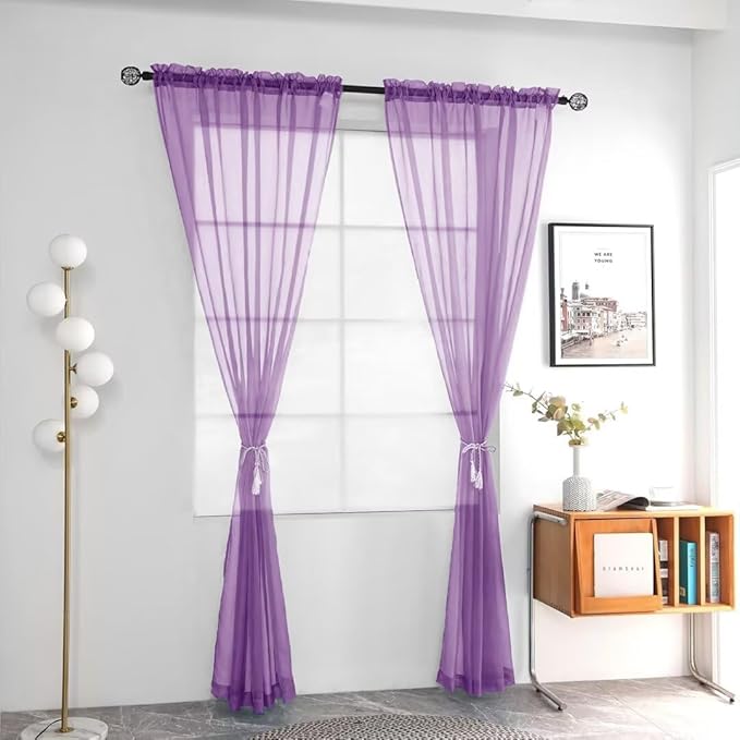 youleyar Solid Sheer Rod Pocket Curtain Voile Draperies 2 Panels White Beige Black Grey Coffee 52 Inch Width 54 Inch Long 1 Pair for Kitchen Bedroom Children Living Room Yard (Lavender,52Wｘ54L)