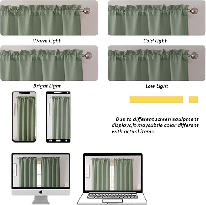 Chyhomenyc Sage Green Short Curtain Valance for Windows, Faux Linen Textured Half Window Curtains, Burlap Solid Small Curtain for Bathroom Laundry Basement Valance, 60Wx22L Inch, 1 Piece