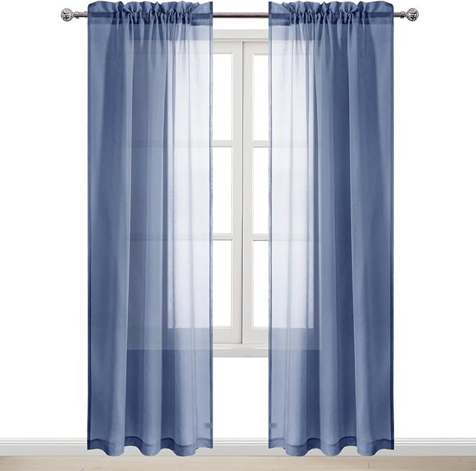 DWCN Sheer Curtains Semi Transparent Voile Rod Pocket Curtains for Bedroom and Living Room, Dusty Blue, 42 x 84 inches Long, Set of 2 Panels
