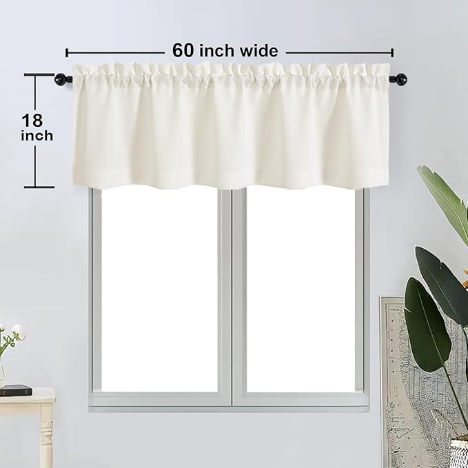 OWENIE Bob Valance Curtains 18 Inch Length 1 Piece, Faux Linen Slub Solid Ivory Kitchen Valance for Bedroom Living Room, Farmhouse Soft Airy Rod Pocket Small Window Curtain, Each 60Wx18L Inch