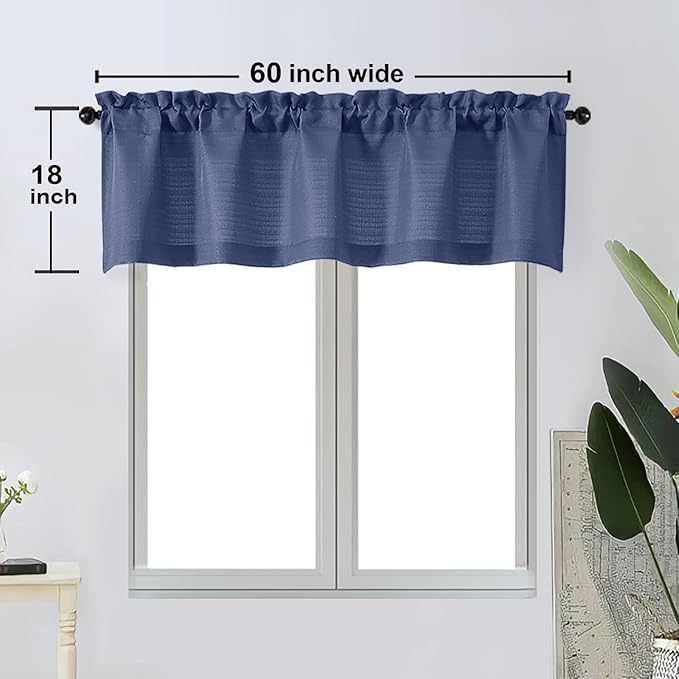 OWENIE Bob Valance Curtains 18 Inch Length 1 Piece, Faux Linen Slub Solid Blue Kitchen Valance for Bedroom Living Room, Farmhouse Soft Airy Rod Pocket Small Window Curtain, Each 60Wx18L Inch