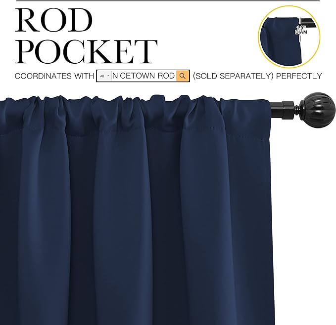 NICETOWN Navy Curtains Blackout Draperies - Modern Design Thermal Insulated Rod Pocket Blackout Drapes for Kid's Bedroom, Window Covering (1 Pair, 52 x 84 inches)