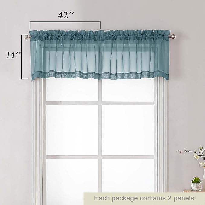 Dusty Blue Valances for Windows, Sheer Curtains 14 Inch Length 2 Pack Kitchen Curtain, Modern Solid Mini Small Window Curtains for Cafe Bathroom Basement, Dusty Blue, 42" Wx14 L Inch