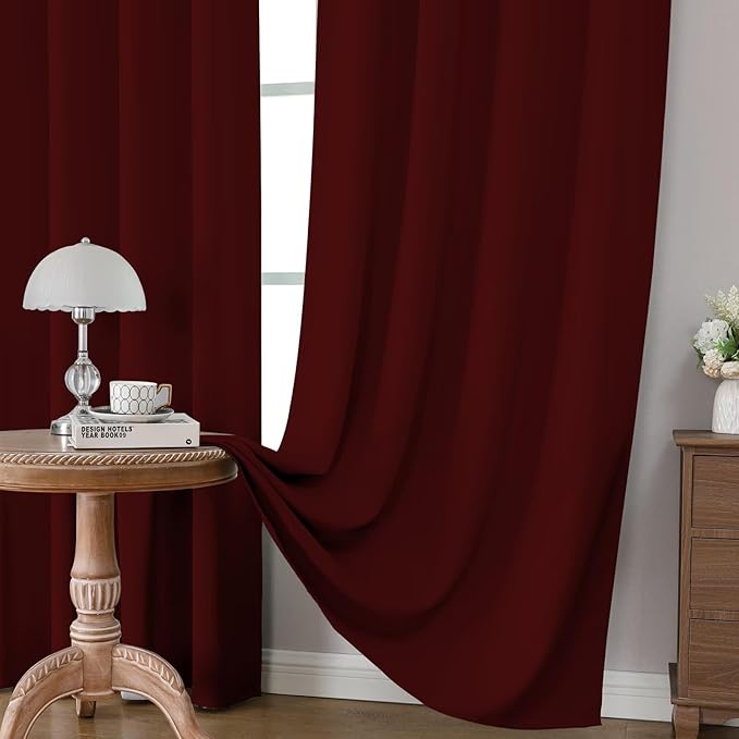 CUCRAF Burgundy Red Blackout Curtains 63 inch Length 2 Panels Set, Rod Pocket Room Darkening Drapes for Bedroom Living Room, Insulated Thermal Light Blocking Window Curtain (W52 x L63 Inch)