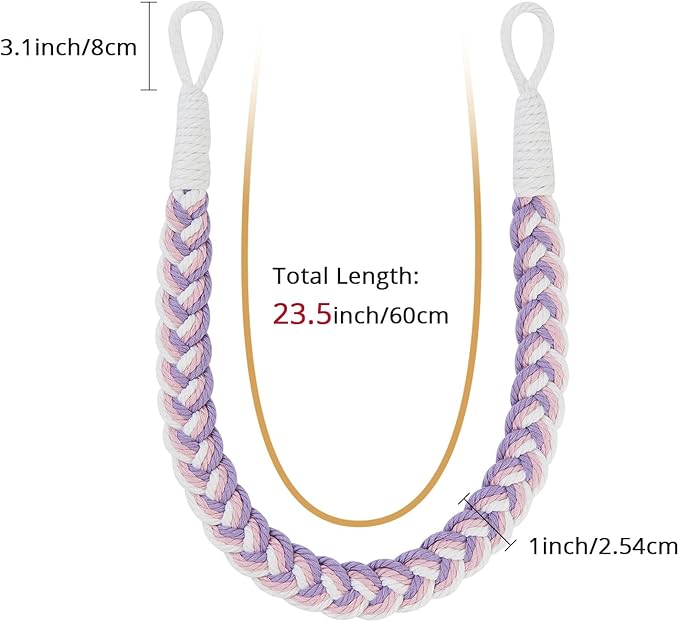 NICEEC 4 Pack Natural Cotton Rope Curtain Tiebacks Elegant Boho Style Decorative Drape Tie Backs Soft Hand-Woven Rope Curtain Holdbacks with Metal Hook for Home & Office Drapery (Purple & White)