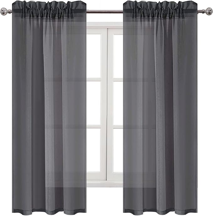 DWCN Dark Grey Sheer Curtains Semi Transparent Voile Rod Pocket Curtains for Bedroom and Living Room, 42 x 72 inches Long, Set of 2 Panels