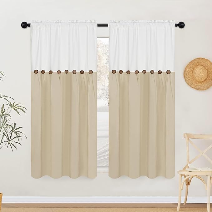 FRAMICS Farmhouse Cotton Linen Curtains for Living Room, Boho Button Curtains 63 inch Length, Rustic Country Linen Window Curtains for Bedroom, Rod Pocket Drapes, 52 x 63 Inch, White and Linen